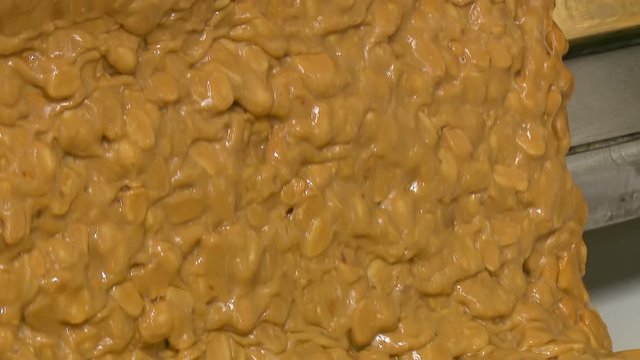 Nougat with peanuts close-up. Large layer of nougat with nuts in a confectionery factory before cutting into bars. Preparation of nougat with nuts.
