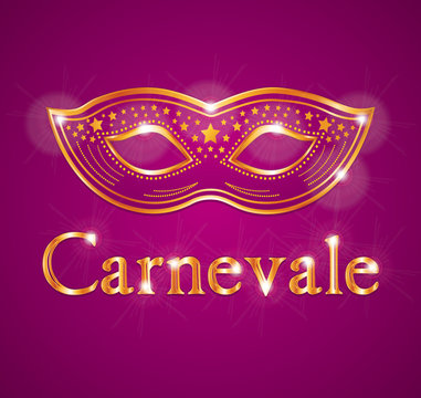 Carnevale. Maschera design viola e oro. Purple and gold carnival mask. Italian text.