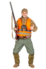 Full length portrait of a male hunter with double barreled shotgun Isolated on white background. hunting and people concept.