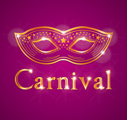 Beautiful vector Carnival illustration with venetian mask. Purpple pink and gold.