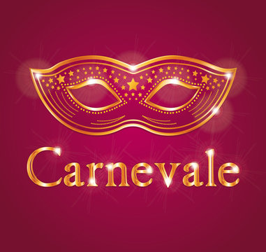 Carnevale. Maschera design rosso e oro. Red and gold carnival mask. Italian text.