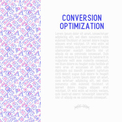 Fototapeta premium Conversion optimization concept with thin line icons: marketing, customer management, SEO technology, website promotion, visitors, sales funnel, web traffic. Modern vector illustration for print media