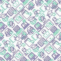 Online education seamless pattern with thin line icons: online course, webinar, e-book, video conference, home studying, wise owl in graduation cup. Modern vector illustration.