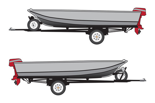 An aluminum boat with a red outboard motor is strapped to a trailer