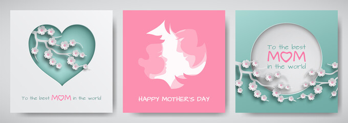 Fototapeta premium Set of green and pink greeting card for mother's day. Women and baby silhouettes with congratulations text, cuted heart decorated cherry flowers, paper cut style. Vector illustration, layers isolated