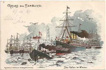 Hamburger Hafen 1897 (original gelaufene Postkarte ) - obrazy, fototapety, plakaty