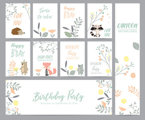 Fototapeta na wymiar Natural pastel greeting card with wild,porcupine,bear,skunk,penguin,flower and leaf