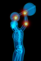 Naklejka premium Very detailed and medically accurate 3D Illustration of a translucent man lifting weights while having pain in his joints