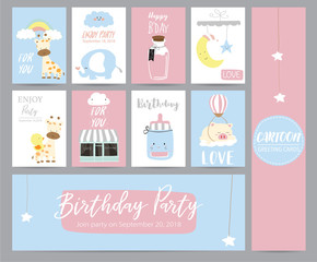 Blue pink pastel greeting card with girafffe,cafe,moon,elephant,star and pig