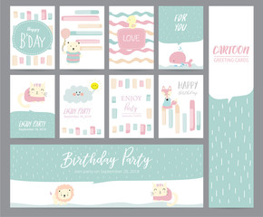 Green pink pastel greeting card with cat,rabbit,duck,whale,fox,cat and cloud