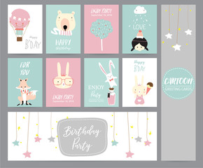 Fototapeta na wymiar Green pink pastel greeting card with balloon,bear,tree,girl,fox,rabbit and star