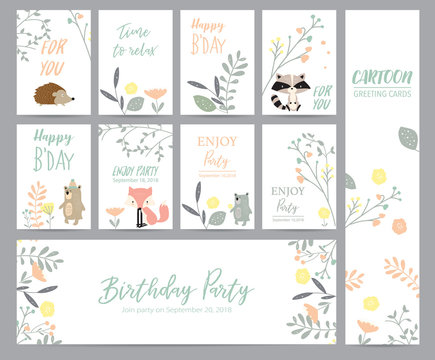 Natural pastel greeting card with wild,porcupine,bear,skunk,penguin,flower and leaf