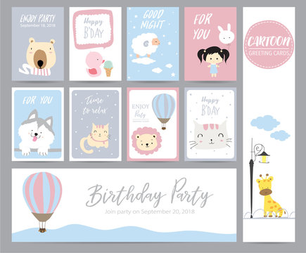 Blue pink pastel greeting card with giraffe,cat,bear,lion,duck,sheep,balloon and girl