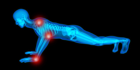 Very high resolution 3D illustration of a man doing pushups and having painful joints