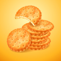 Round delicious cookies or crackers isolated on yellow background. The bitten shape of biscuit. Crispy baking. Vector 3d illustration for your design packing or advertising.