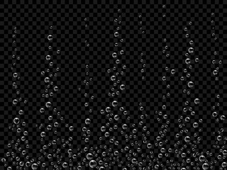 Fizzing air bubbles on black background. Underwater oxygen texture of water or drink. Fizzy bubbles in soda water, champagne, sparkling wine, lemonade, aquarium, sea, ocean. Realistic 3d illustration.