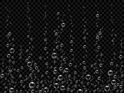 Fizzing air bubbles on black background. Underwater oxygen texture of water or drink. Fizzy bubbles in soda water, champagne, sparkling wine, lemonade, aquarium, sea, ocean. Realistic 3d illustration.