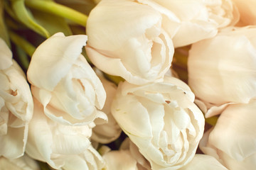 Fresh flower composition, bouquet white tulips on craft paper background. Valentine, Women's, 8 march, birthday, mother's day present. Copy space, close up, top view.