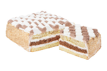 Delicious creamy fresh cake with chocolate and coffee cream on a white background