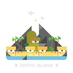 Exotic island. Bungalow in background of mountains.