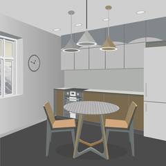 Kitchen interior background with furniture. Design of modern kitchen. Symbol furniture. Kitchen illustration