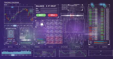HUD UI for business app. User interface of the future. Infographic elements.Crypto currency. Bitcoin.