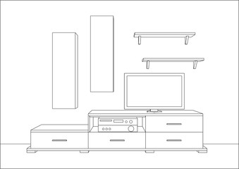 3D vector sketch. TV stand and entertainment center with appliances and decors. Modern living room interior. Modern creative TV furniture. Home Interior Design Software Programs.