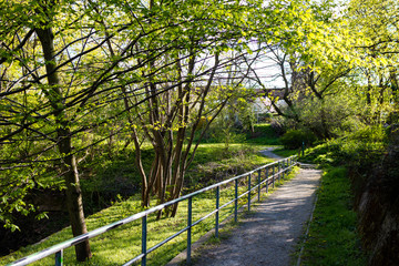 Wanderweg in einem Park mit Gel&auml;nder