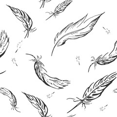 Vector illustration of black and white feather pattern in hand drawn style.