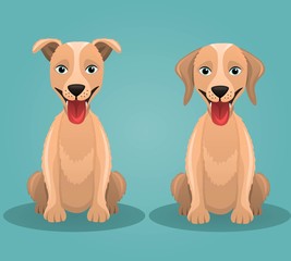 Set of 2 funny and cute vector dogs or puppy isolated on blue background.Vector illustration