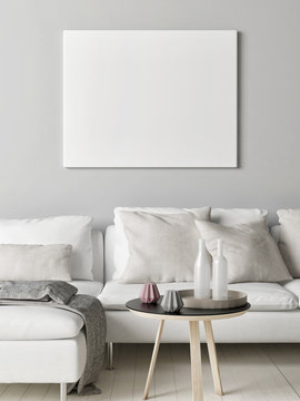 Mock up poster in Scandinavian living room, your artwork here, 3d render, 3d illustration