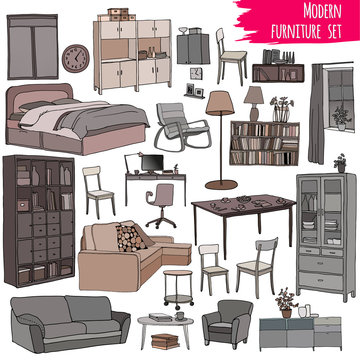 Monochrome vector set of modern furniture objects: table, bookshelf, sofa, bed, armchair, cupboard, chairs, desk, window, pots.