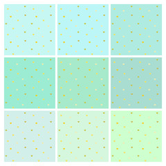 Set of mint vector green backgrounds with small Golden hearts