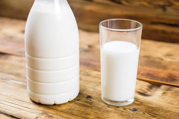 Close-up bottle of fresh farm milk and glass of milk on wooden background.