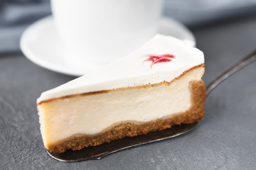 New York cheesecake on gray background