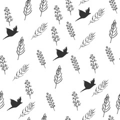 Vector illustration of black and white feather and birds pattern in hand drawn style.