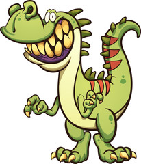 Happy cartoon t-rex dinosaur with a big toothy smile. Vector clip art illustration with simple gradients. All in a single layer. 