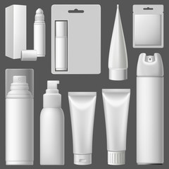 3d realistic cosmetic plastic packaging for cream, gel, lotion, spray, balm, lipstick, napkin, foam, milky lotion, toilet water. Isolated vector illustration on dark background.