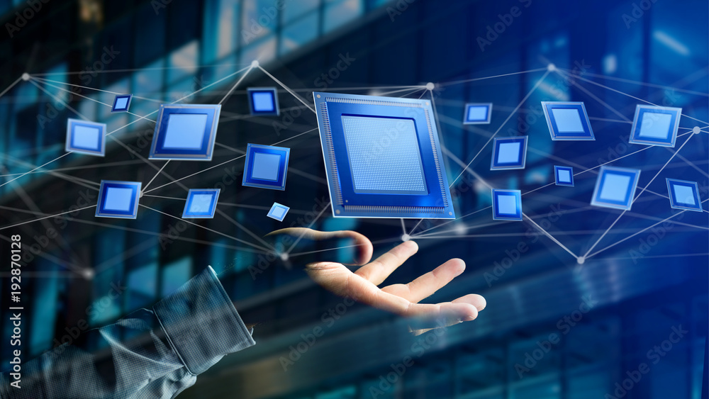 Poster processor chip and network connection - 3d render