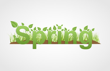 Spring text with green leaves on a white background