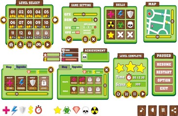 Game User Interface in cartoon style with basic buttons and functions, status bar, for creating game