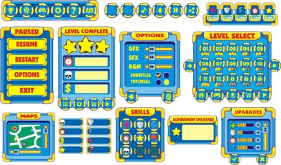 Game User Interface in cartoon style with basic buttons and functions, status bar, for creating game