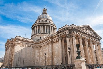 Low level view on Pantheon with its columns, front porch and dome in Paris. Former church, later mausoleum and burial place of distinguished French citizens.