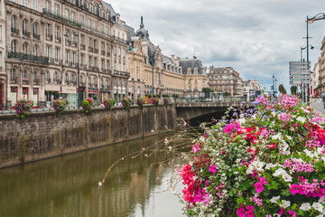 Close up of gorgeous flower decorations along the embankment of River Vilaine in Rennes, Brittany,...