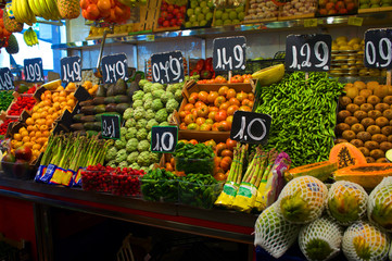 Fresh fruits on stands at the market