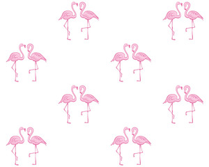 Seamless pattern with pink flamingos on a white background.