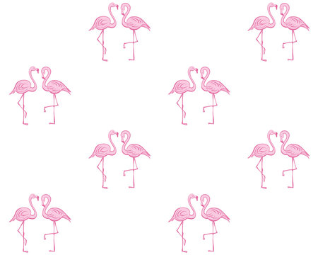Seamless pattern with pink flamingos on a white background.