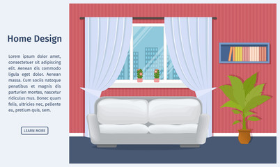 Living room interior web banner with text sample. Hall design including sofa, window, bookshelf, houseplant.
