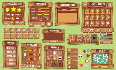 Game User Interface in cartoon style with basic buttons and functions, status bar, for creating game © aliafandi