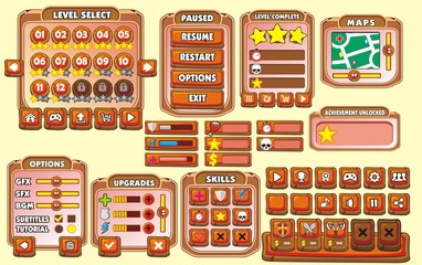 Game User Interface in cartoon style with basic buttons and functions, status bar, for creating game